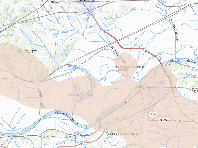 Radar-estimated hail-size map of the storm over Henrietta, MO on Aug 18, 2026