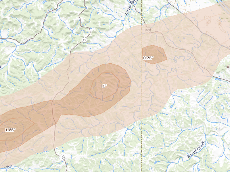 Radar-estimated hail-size map of the storm over Hermann, MO on Apr 26, 2026