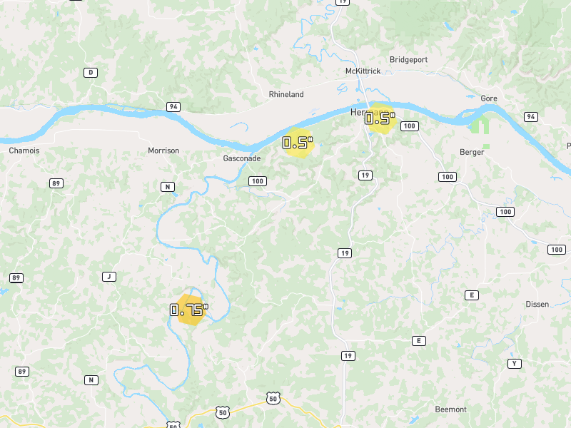 Hail map of Hermann, MO on Jun 1, 2026, hail up to 0.75"