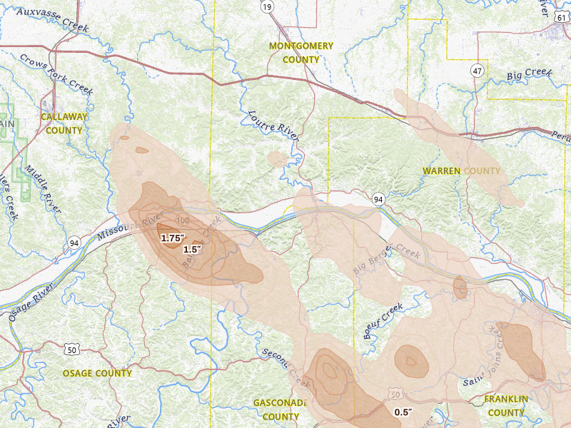 Radar-estimated hail-size map of the storm over Hermann, MO on Aug 12, 2026