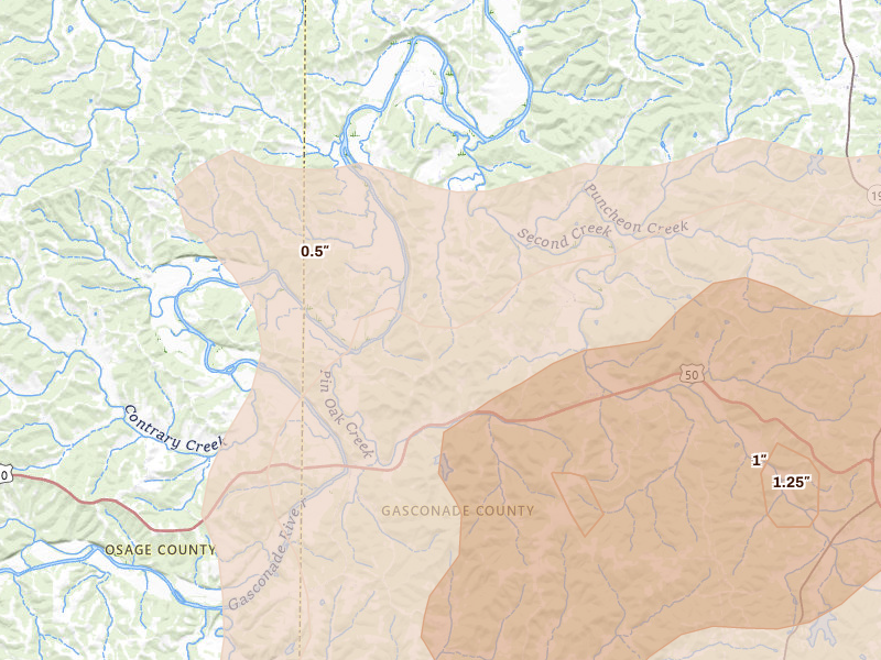 Radar-estimated hail-size map of the storm over Hermann, MO on Aug 16, 2026