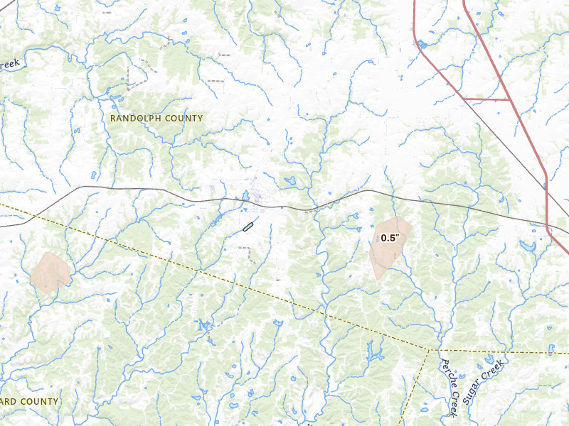 Radar-estimated hail-size map of the storm over Higbee, MO on Apr 26, 2026
