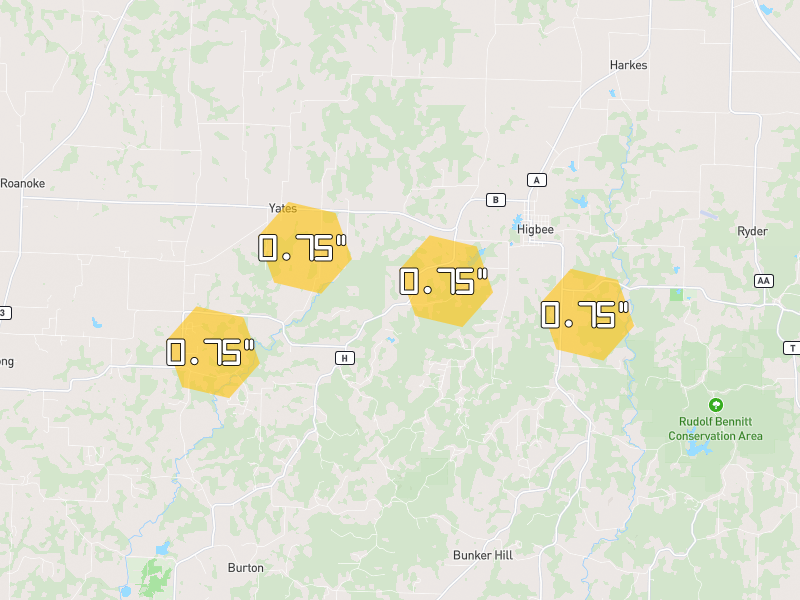 Hail map of Higbee, MO on Jun 1, 2026, hail up to 0.75"