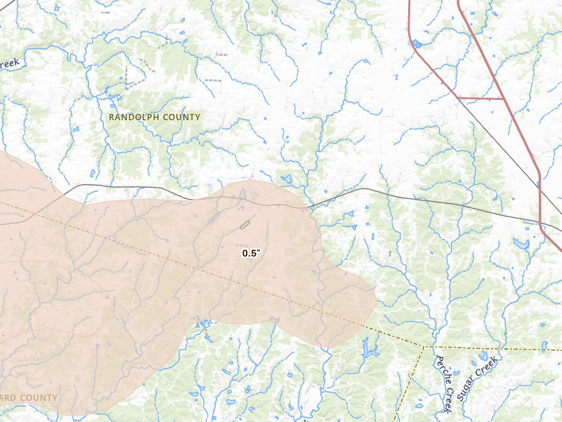 Radar-estimated hail-size map of the storm over Higbee, MO on Jun 11, 2026