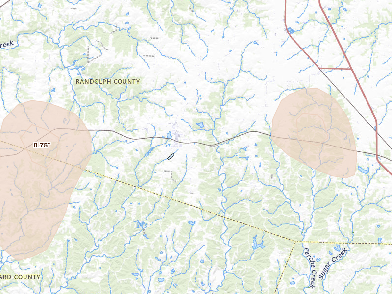Radar-estimated hail-size map of the storm over Higbee, MO on Jul 5, 2026