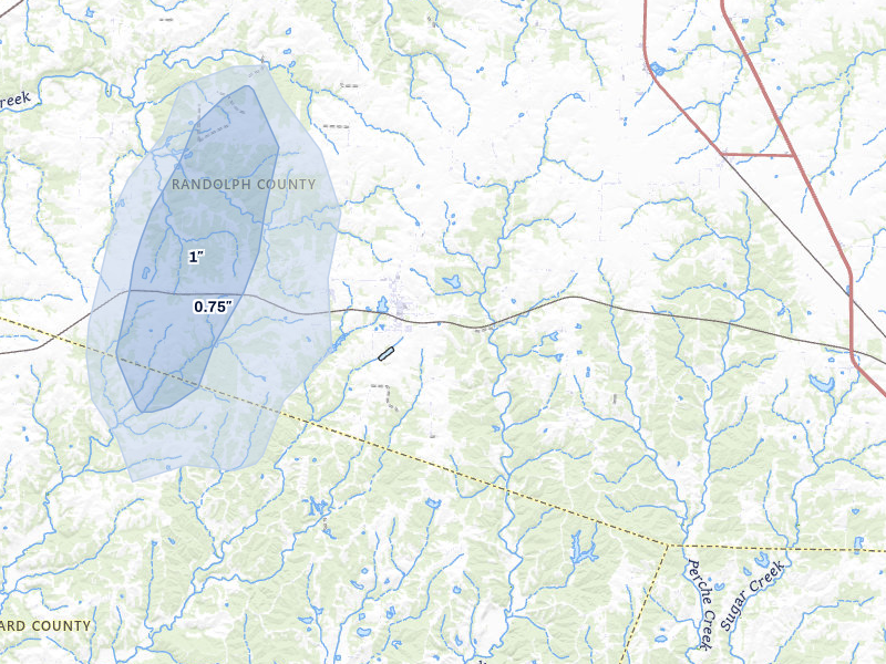 NEXRAD radar-signature map of the hail storm over Higbee, MO on Jul 5, 2026