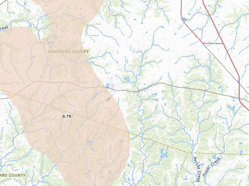 Radar-estimated hail-size map of the storm over Higbee, MO on Jul 20, 2026