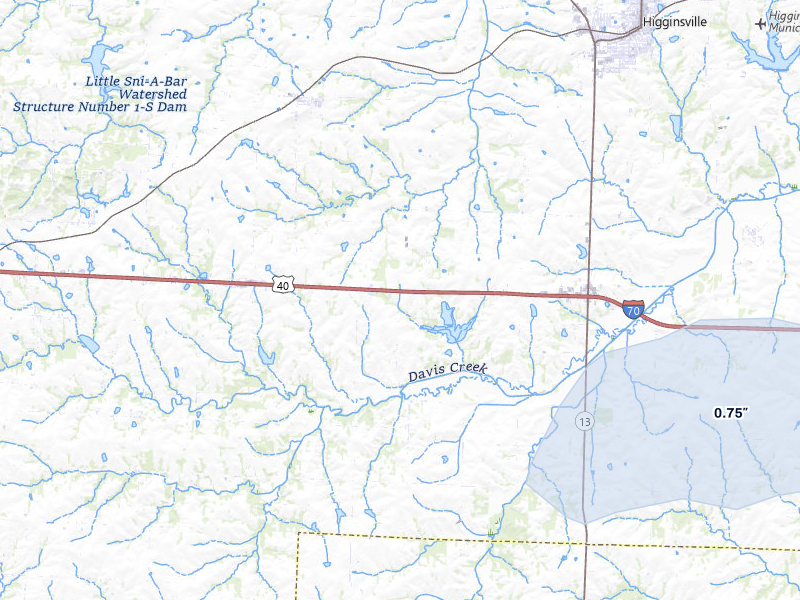 NEXRAD radar-signature map of the hail storm over Higginsville, MO on May 15, 2026