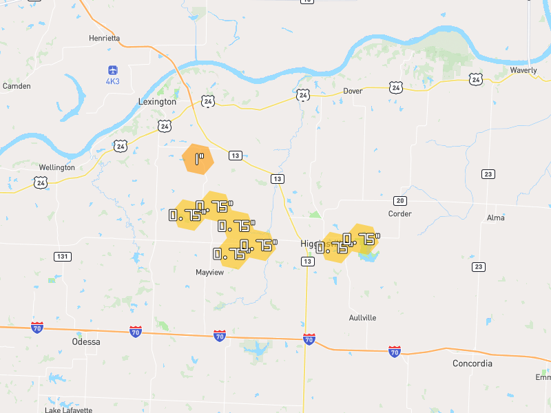 Hail map of Higginsville, MO on Jun 1, 2026, hail up to 1"