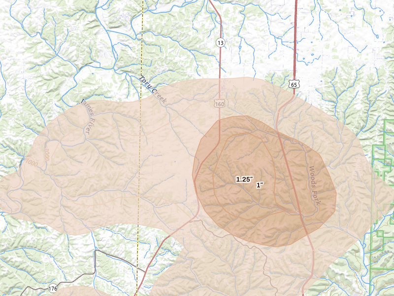 Radar-estimated hail-size map of the storm over Highlandville, MO on May 30, 2026