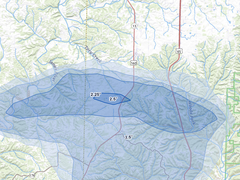 NEXRAD radar-signature map of the hail storm over Highlandville, MO on May 30, 2026