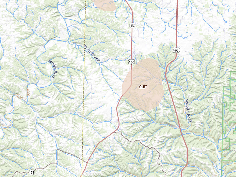 Radar-estimated hail-size map of the storm over Highlandville, MO on Aug 7, 2026