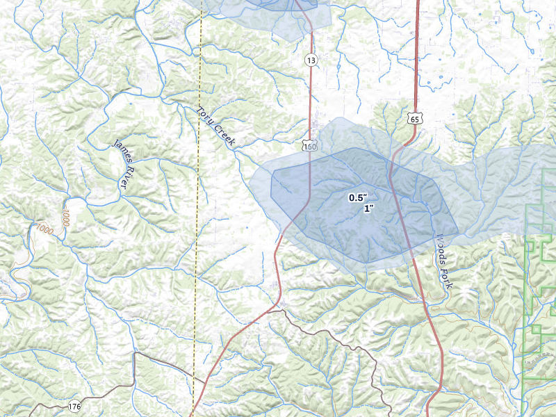 NEXRAD radar-signature map of the hail storm over Highlandville, MO on Aug 7, 2026