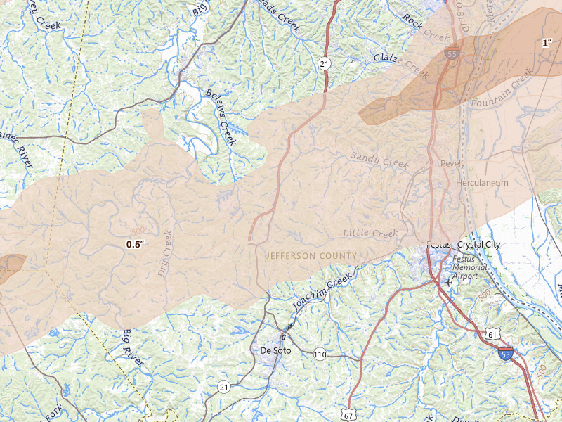 Radar-estimated hail-size map of the storm over Hillsboro, MO on Apr 27, 2026