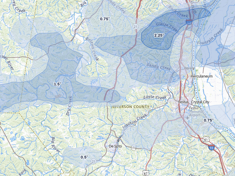 NEXRAD radar-signature map of the hail over Hillsboro, MO