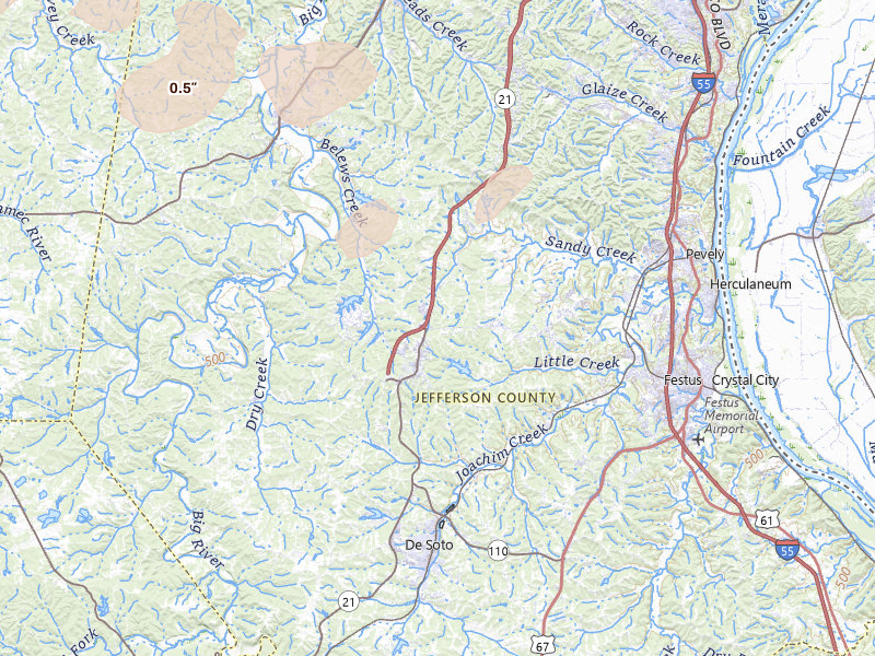 Radar-estimated hail-size map of the storm over Hillsboro, MO on Jun 11, 2026