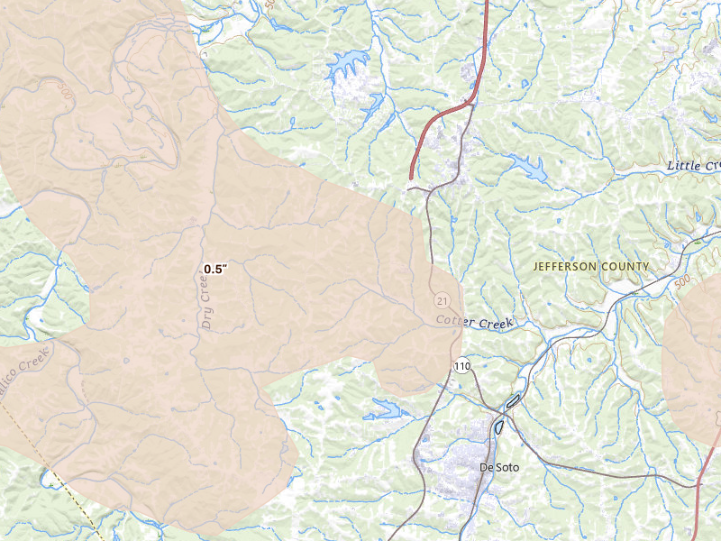 Radar-estimated hail-size map of the storm over Hillsboro, MO on Aug 12, 2026