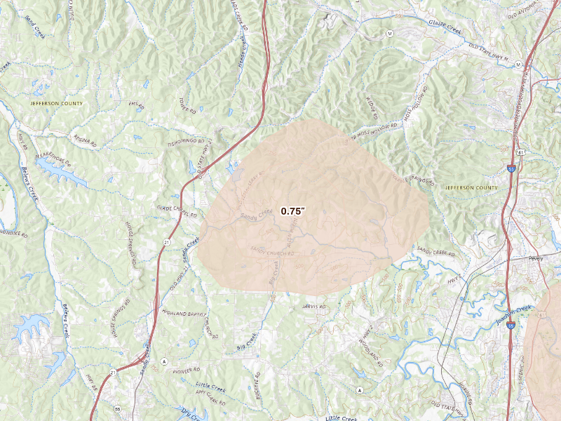 Radar-estimated hail-size map of the storm over Hillsboro, MO on Sep 20, 2026