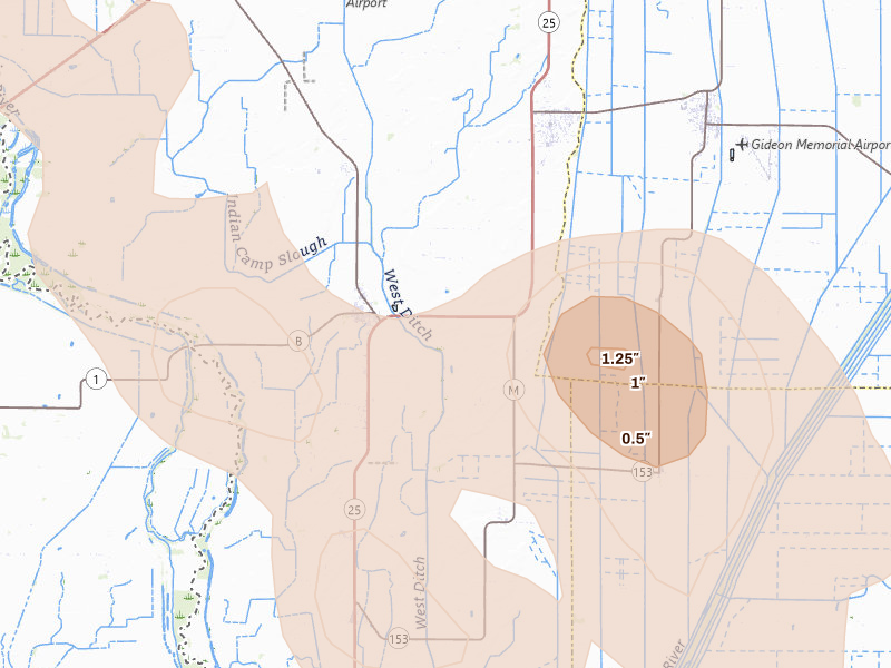 Radar-estimated hail-size map of the storm over Holcomb, MO on Aug 26, 2026