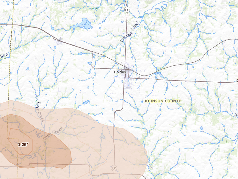 Radar-estimated hail-size map of the storm over Holden, MO on Jun 17, 2026