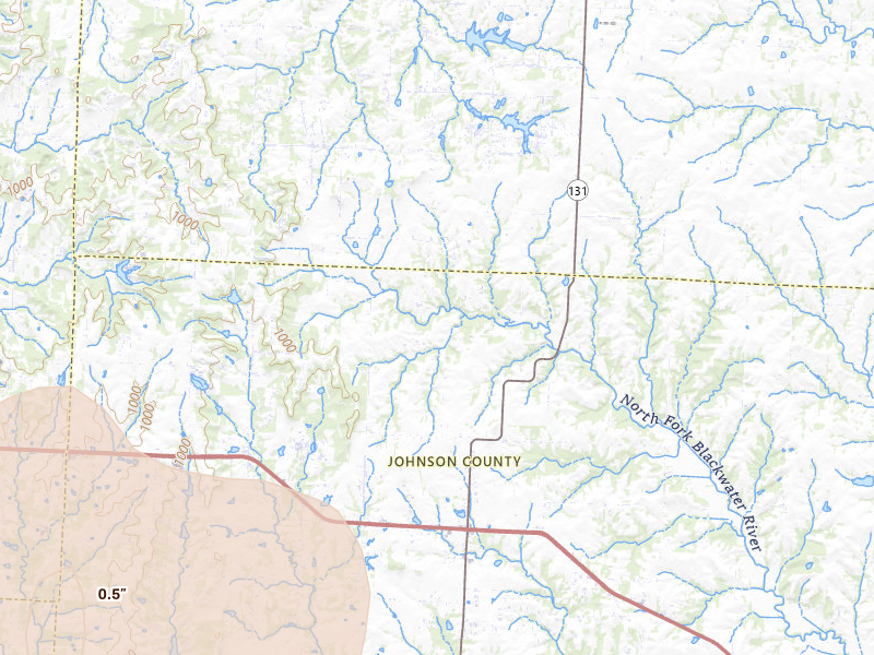 Radar-estimated hail-size map of the storm over Holden, MO on Jul 8, 2026
