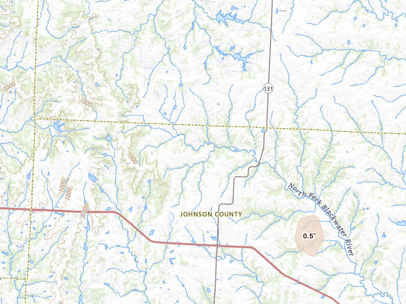 Radar-estimated hail-size map of the storm over Holden, MO on Jul 9, 2026