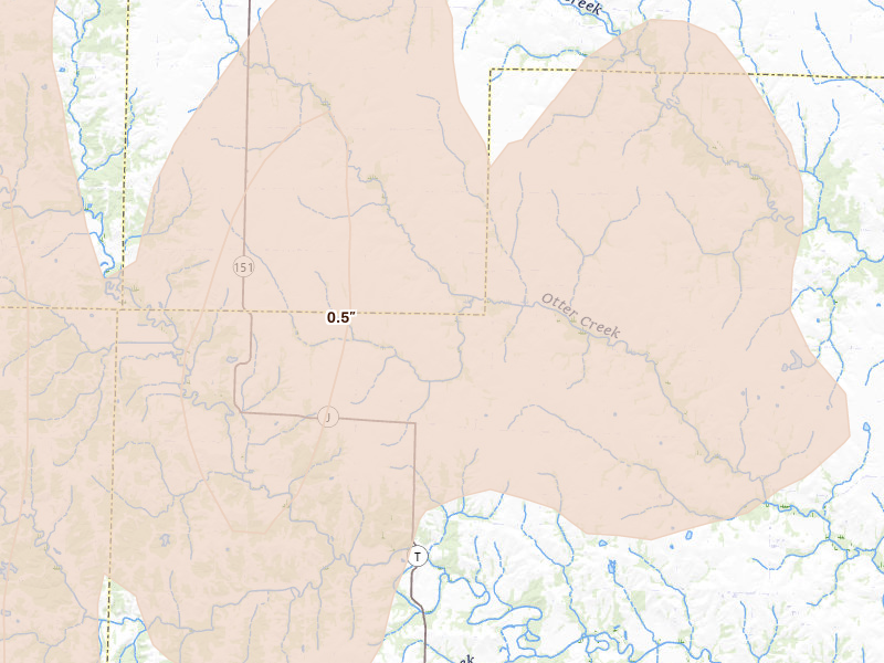 Radar-estimated hail-size map of the storm over Holliday, MO on Apr 27, 2026