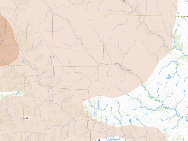 Radar-estimated hail-size map of the storm over Holliday, MO on May 4, 2026