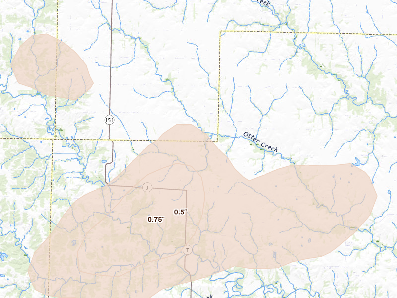Radar-estimated hail-size map of the storm over Holliday, MO on May 31, 2026
