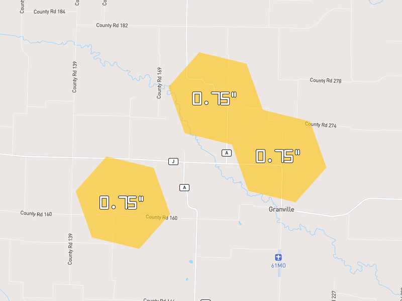 Hail map of Holliday, MO on Jun 1, 2026, hail up to 0.75"