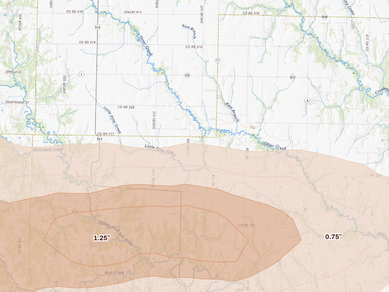 Radar-estimated hail-size map of the storm over Holliday, MO