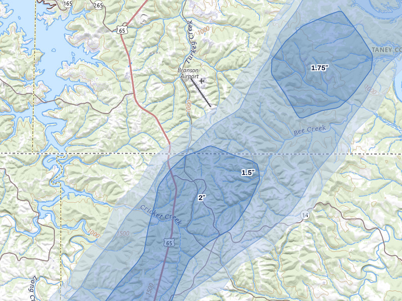 NEXRAD radar-signature map of the hail storm over Hollister, MO on May 30, 2026