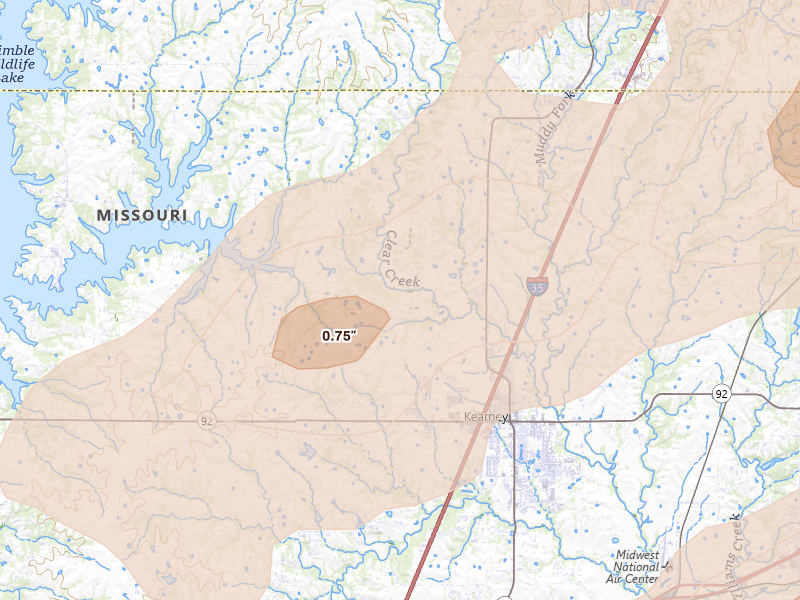 Radar-estimated hail-size map of the storm over Holt, MO on Mar 10, 2026