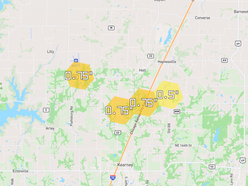 Hail map of Holt, MO on Jun 1, 2026, hail up to 0.75"
