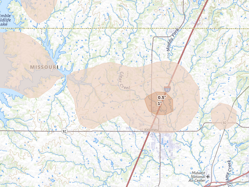Radar-estimated hail-size map of the storm over Holt, MO on Aug 5, 2026
