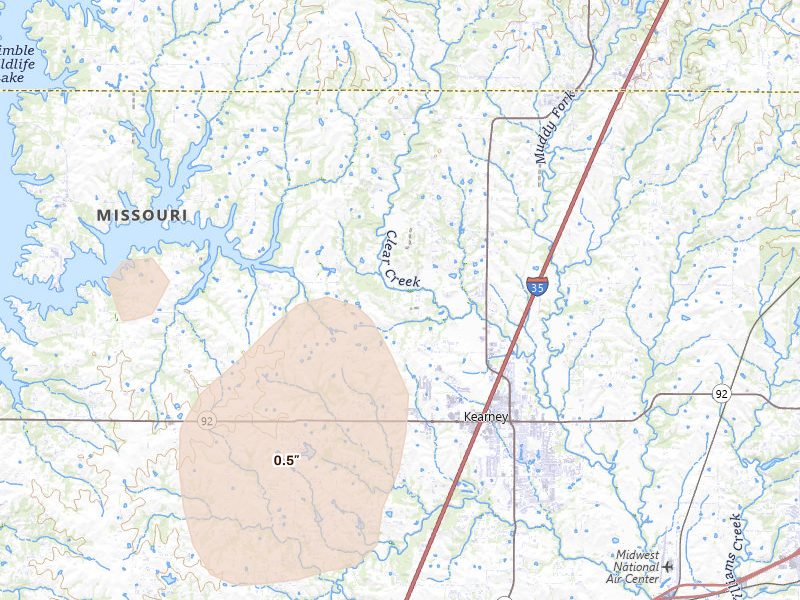 Radar-estimated hail-size map of the storm over Holt, MO on Aug 9, 2026