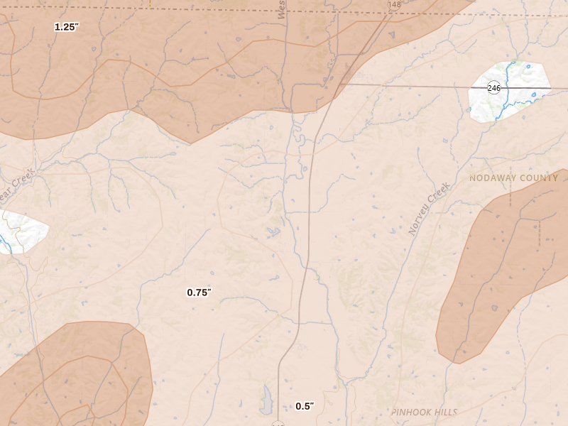 Radar-estimated hail-size map of the storm over Hopkins, MO on May 18, 2026