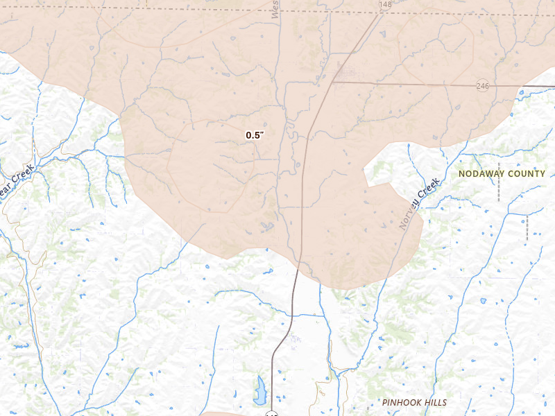 Radar-estimated hail-size map of the storm over Hopkins, MO on Jun 5, 2026