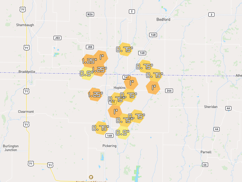 Hail map of Hopkins, MO on Jun 6, 2026, hail up to 1.25"