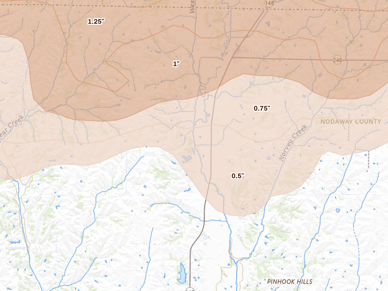 Radar-estimated hail-size map of the storm over Hopkins, MO on Jun 10, 2026