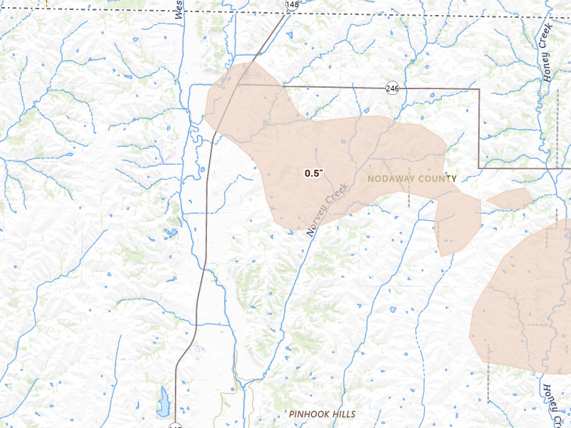 Radar-estimated hail-size map of the storm over Hopkins, MO on Aug 8, 2026