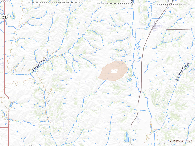 Radar-estimated hail-size map of the storm over Hopkins, MO on Aug 14, 2026