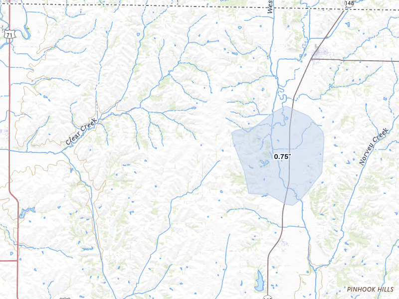 NEXRAD radar-signature map of the hail storm over Hopkins, MO on Aug 14, 2026