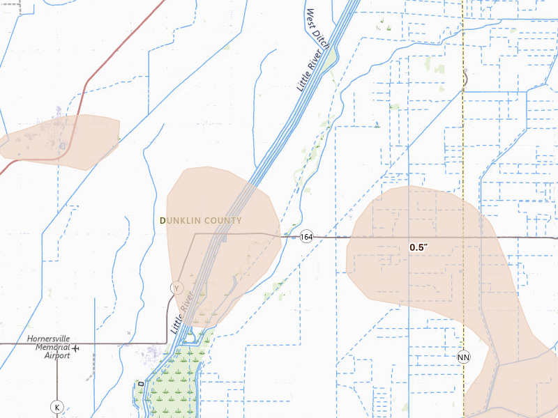 Radar-estimated hail-size map of the storm over Hornersville, MO on Apr 27, 2026