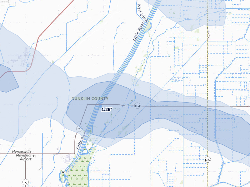 NEXRAD radar-signature map of the hail over Hornersville, MO