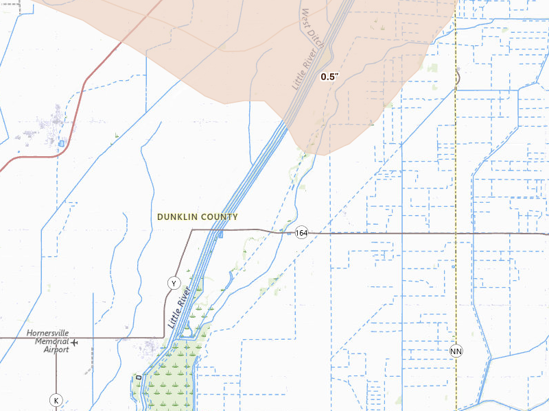 Radar-estimated hail-size map of the storm over Hornersville, MO on Jul 9, 2026