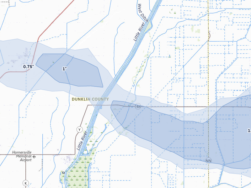 NEXRAD radar-signature map of the hail storm over Hornersville, MO on Jul 11, 2026