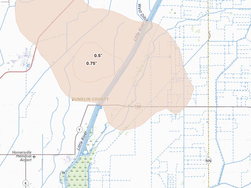 Radar-estimated hail-size map of the storm over Hornersville, MO on Aug 19, 2026