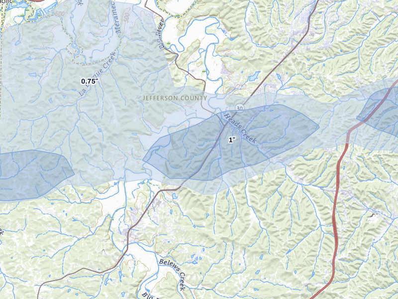 NEXRAD radar-signature map of the hail storm over House Springs, MO on May 18, 2026