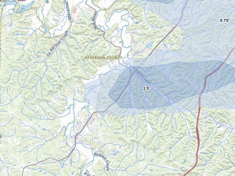 NEXRAD radar-signature map of the hail over House Springs, MO